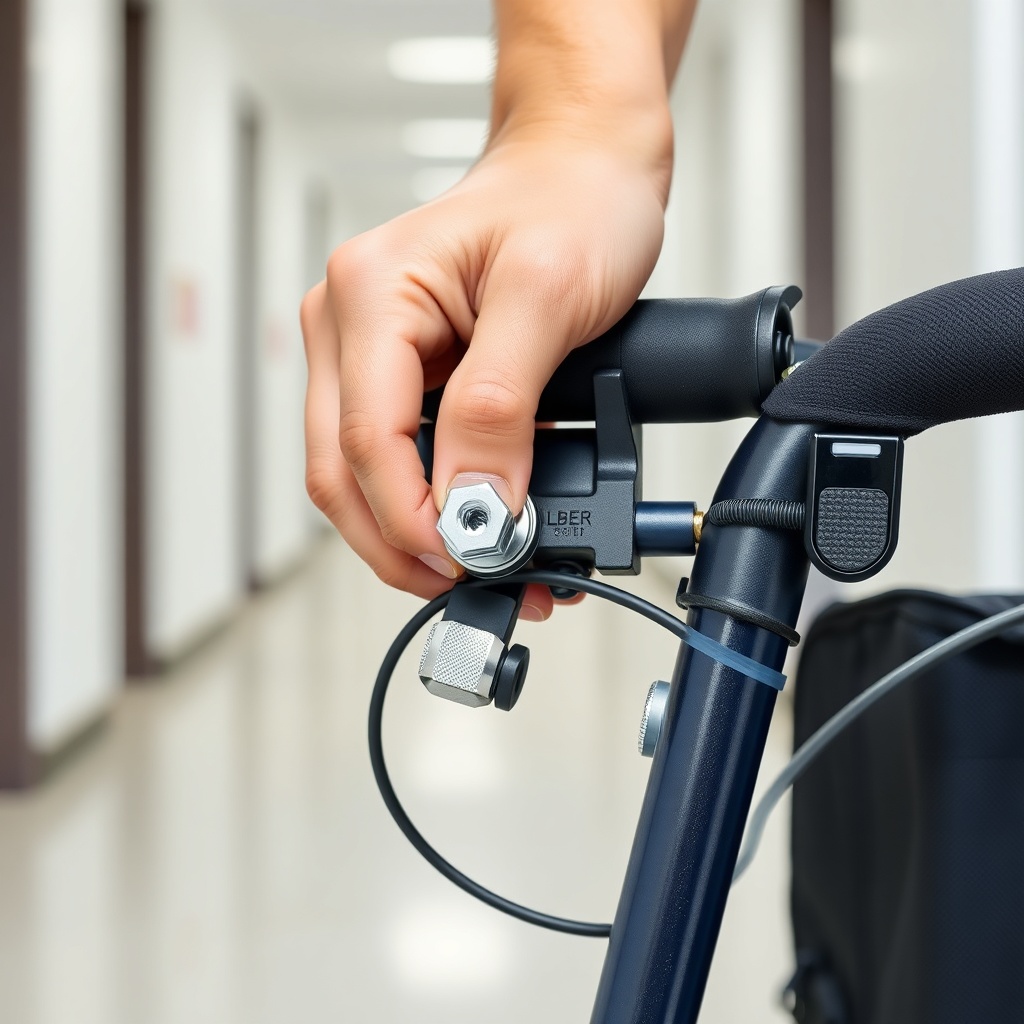 A close-up photorealistic image of a hand adjusting a silver hex screw on the brake lever