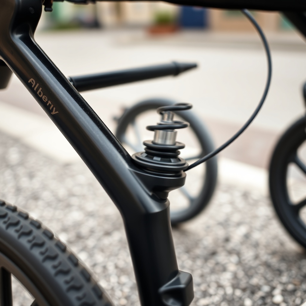 A close-up macro shot of the front wheel suspension fork of the Alber Aktiv Rollator