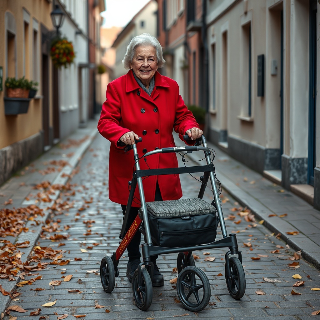 An elderly woman with a red coat pushing an Alber Aktiv Rollator along a cobblestone stree