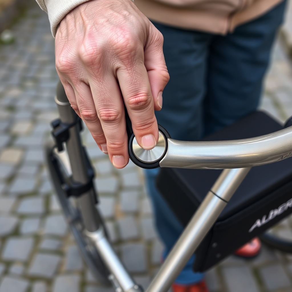 A close-up photo of a middle-aged person's hand adjusting a knob on the front suspension o
