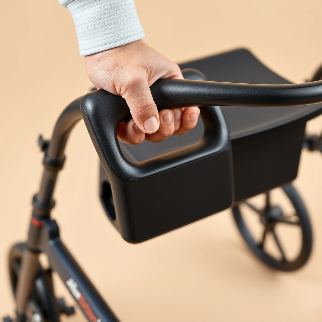 A photorealistic close-up of a hand gripping the ergonomic plastic carry handle of a fully