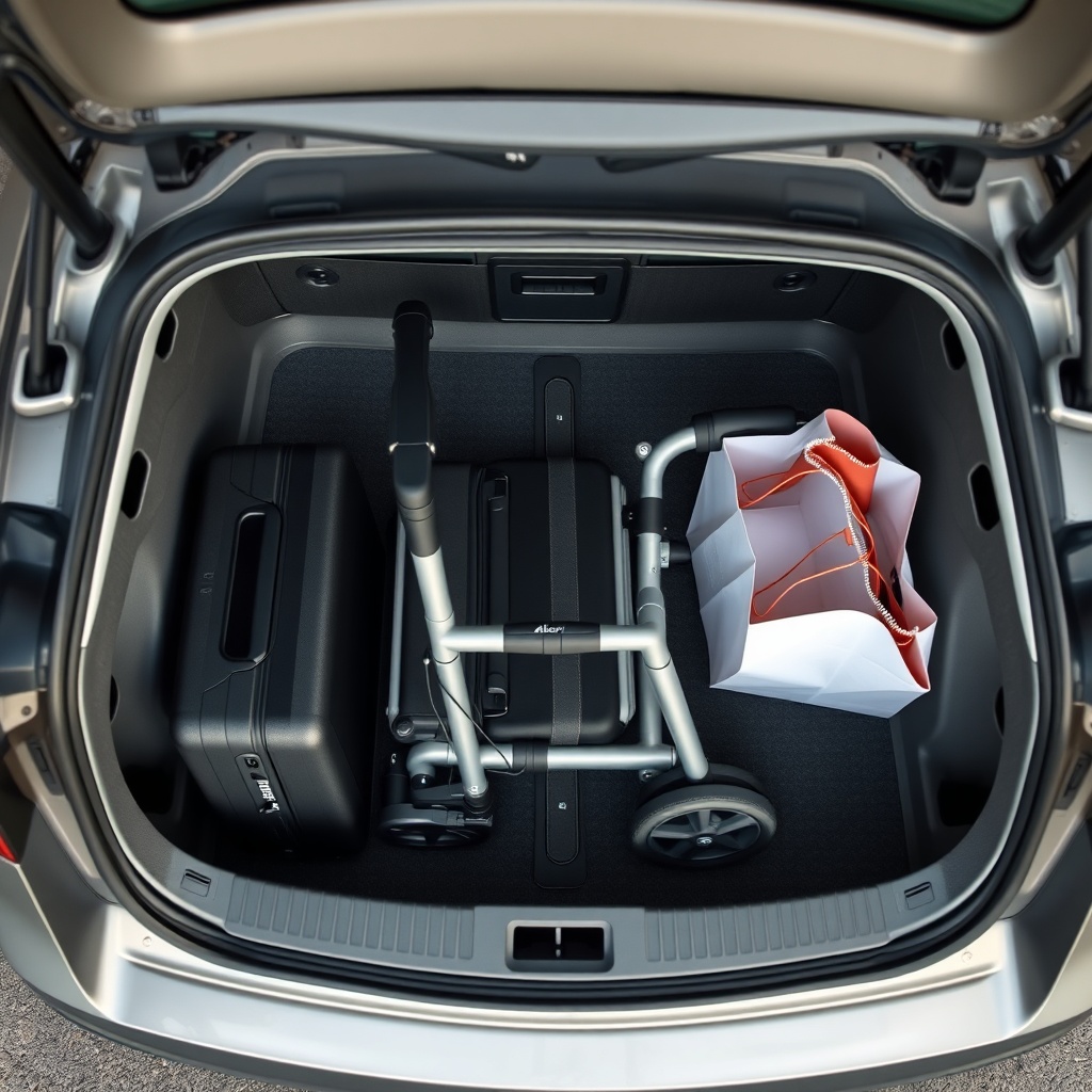 A photorealistic top-down perspective of a folded Alber Aktiv Rollator placed in a car tru