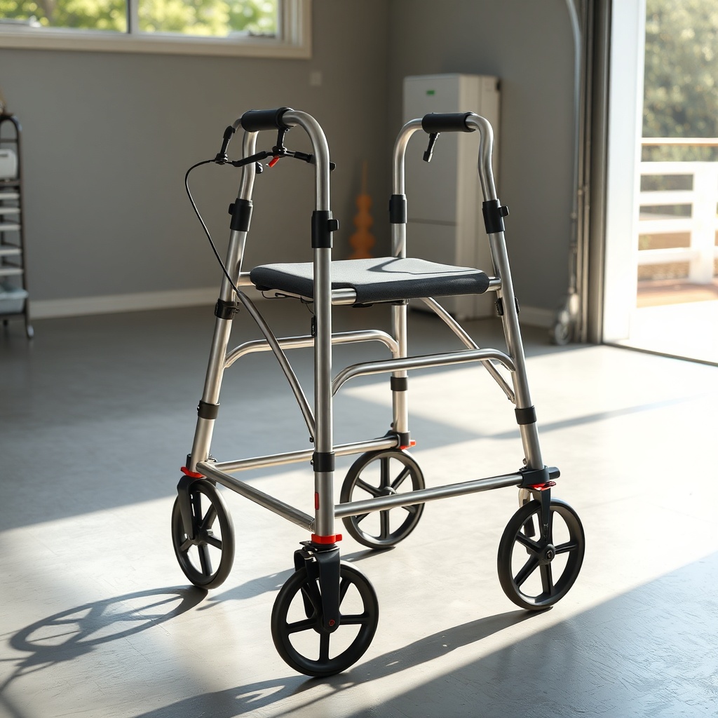 A photorealistic photo of a modern rollator standing fully assembled on a clean garage flo