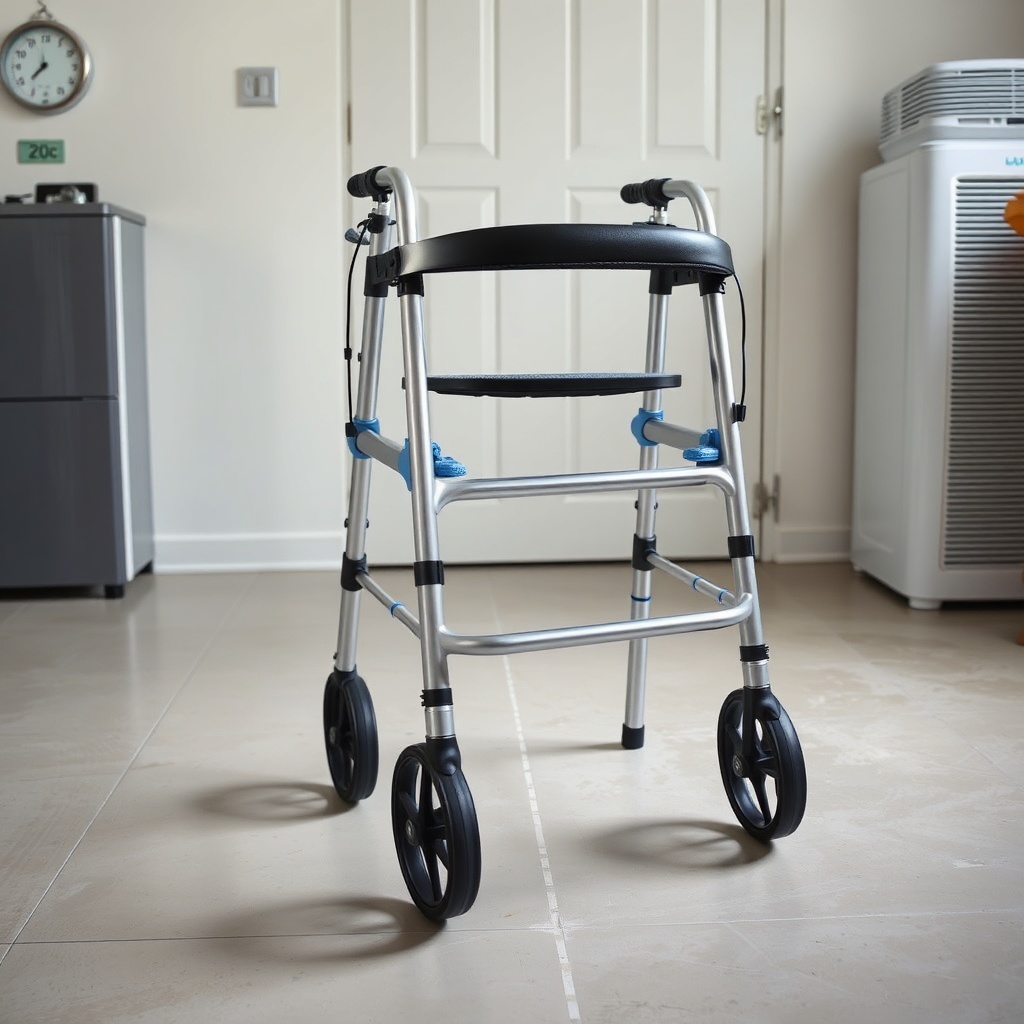 A sleek photorealistic photo of an Alber Aktiv Rollator standing upright on a clean