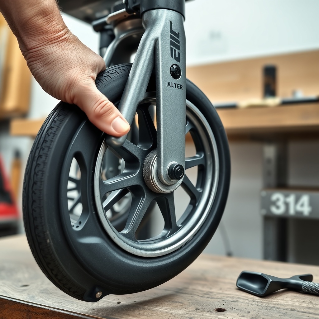 A close-up photorealistic illustration of an Alber Aktiv Rollator's front wheel with the f