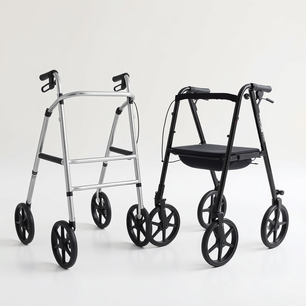 A photorealistic side-by-side comparison of an Alber Aktiv Rollator (left