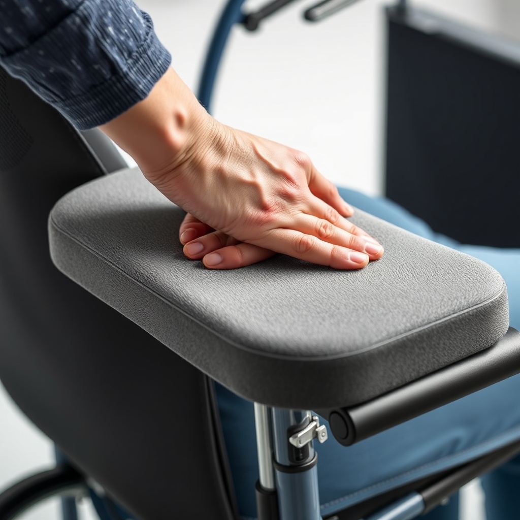 A close-up photorealistic shot of a seated person’s hand on the ergonomic Rückenlehne of t