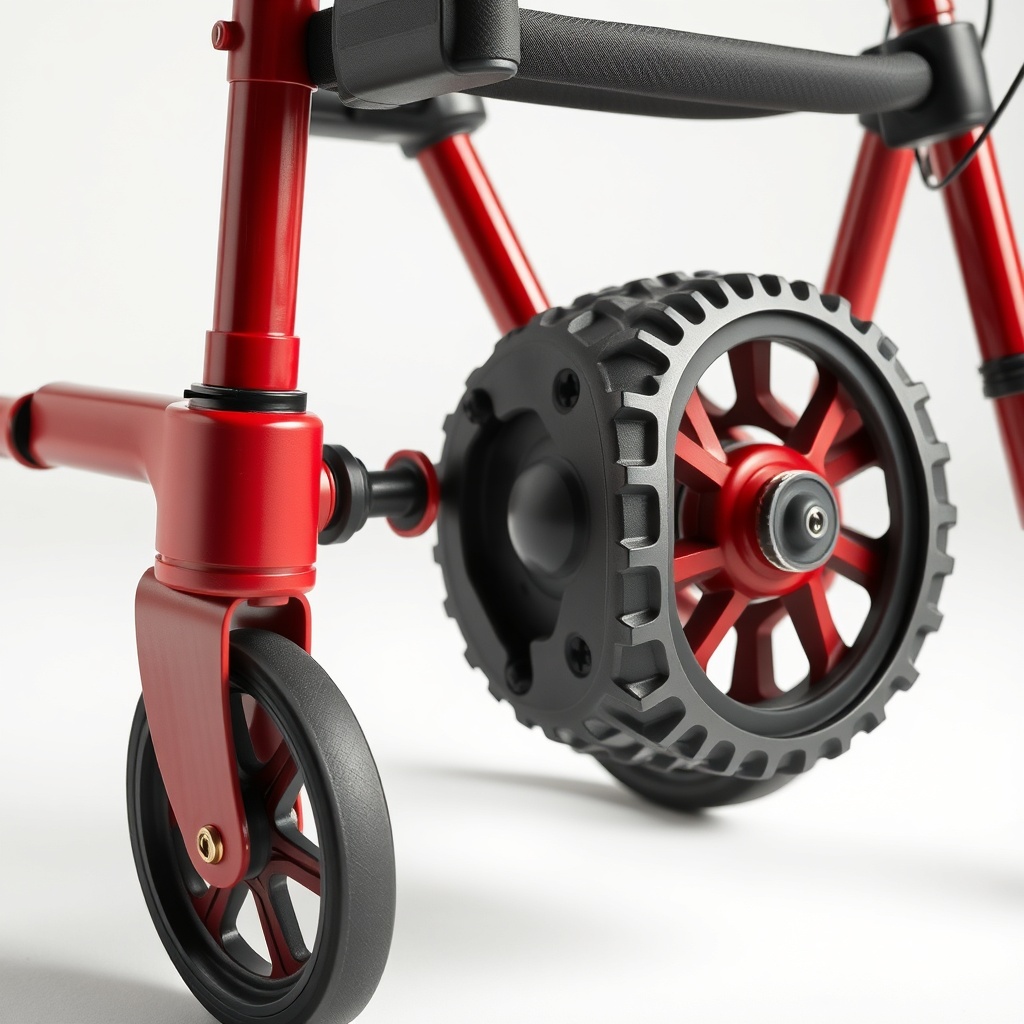 Nahaufnahme der roten Hebelmechanik eines zusammengeklappten Alber Aktiv Rollators