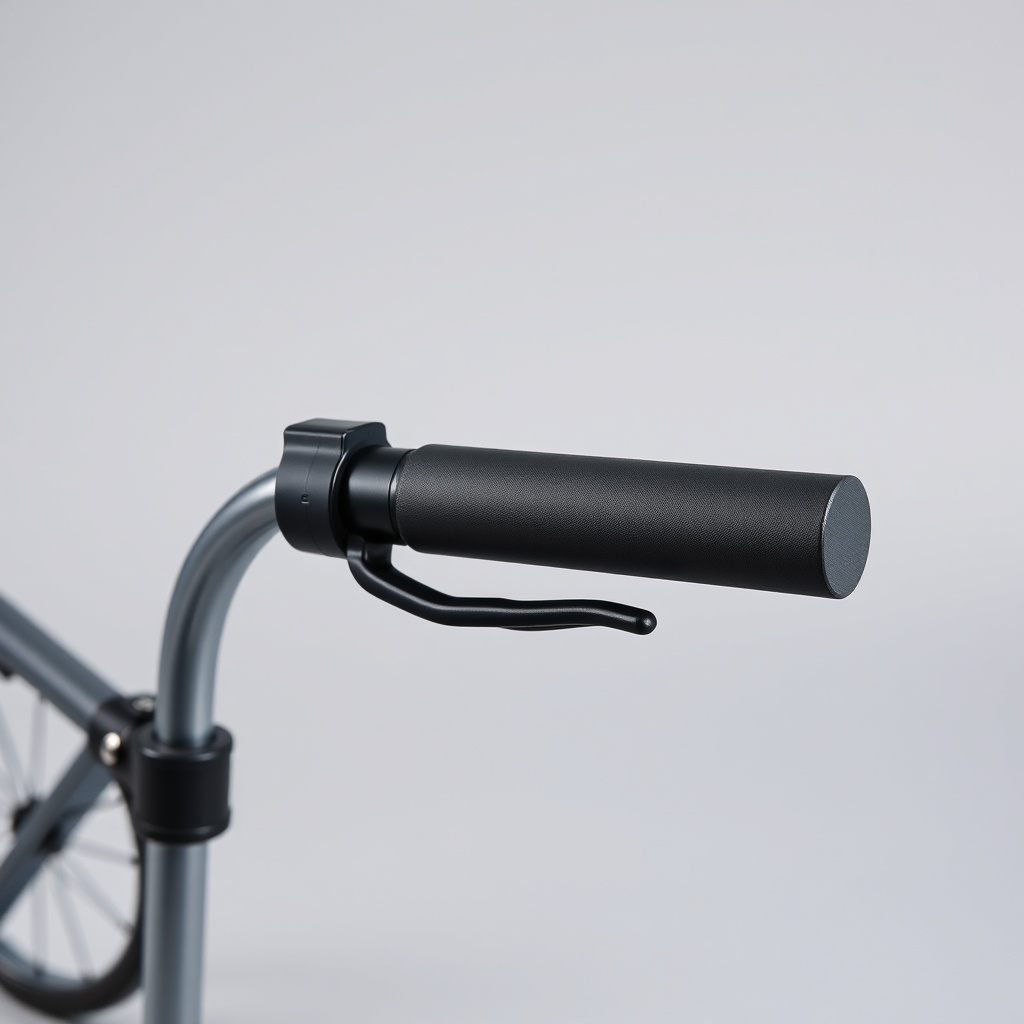Close-up shot of a modern rollator's brake handle system with two levers