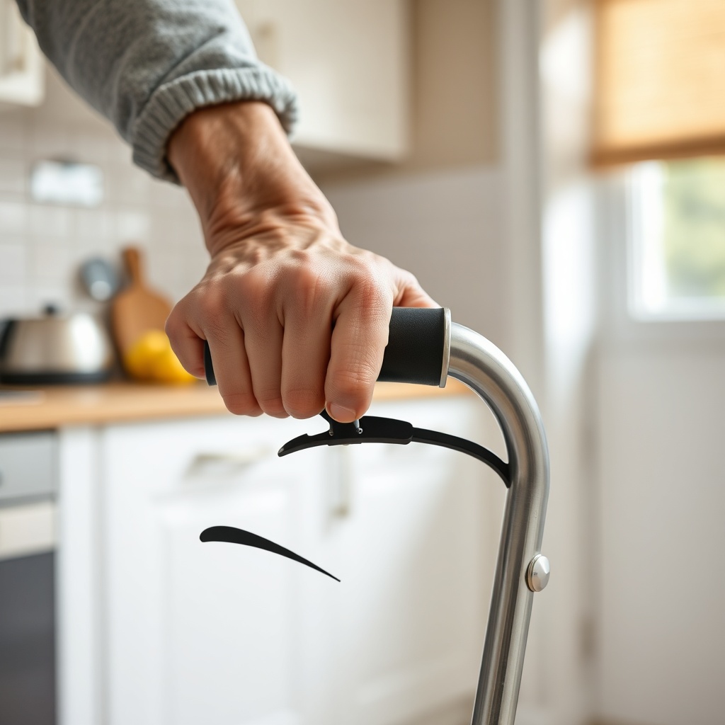 A realistic photo of an elderly person's hands gripping a rollator brake lever