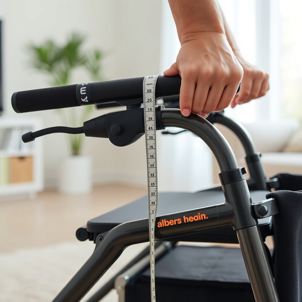 Close-up side view of a person adjusting the seat height lever on an Alber Aktiv Rollator
