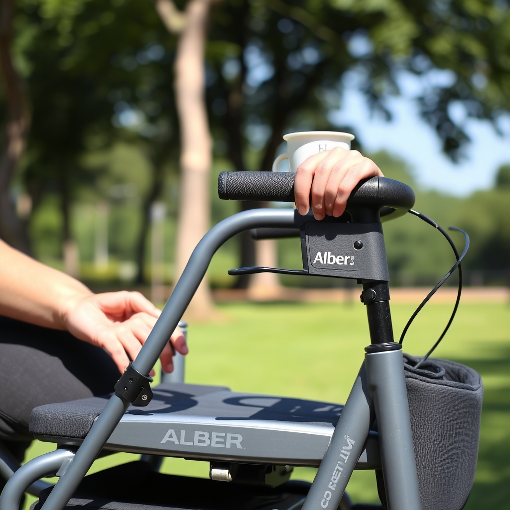 A photorealistic close-up of a person sitting on a gray Alber Aktiv Rollator in a sunny pa