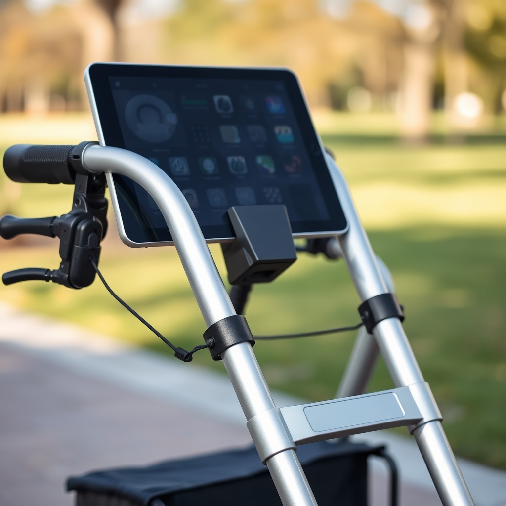 A clean photorealistic photo of a silver Alber Aktiv Rollator with a black tablet holder a