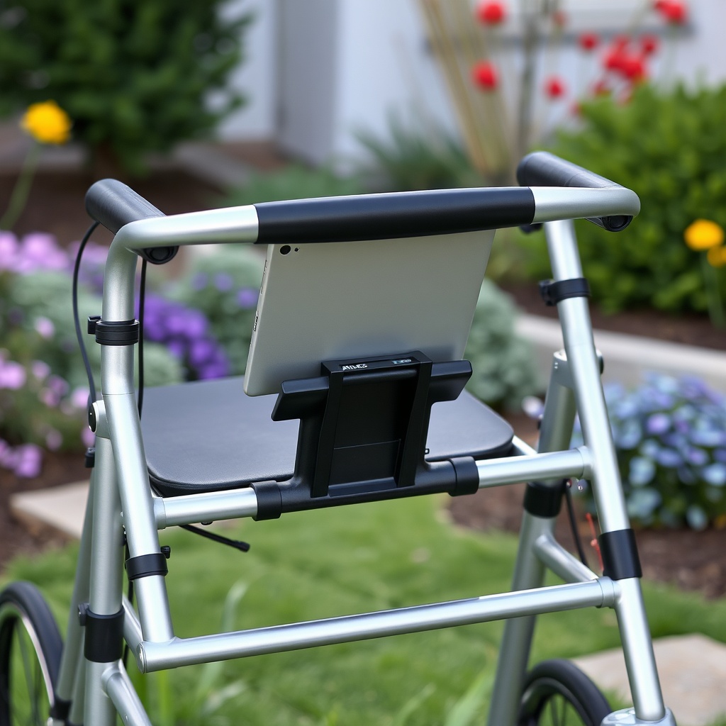 A clean photorealistic photo of a silver Alber Aktiv Rollator in a garden