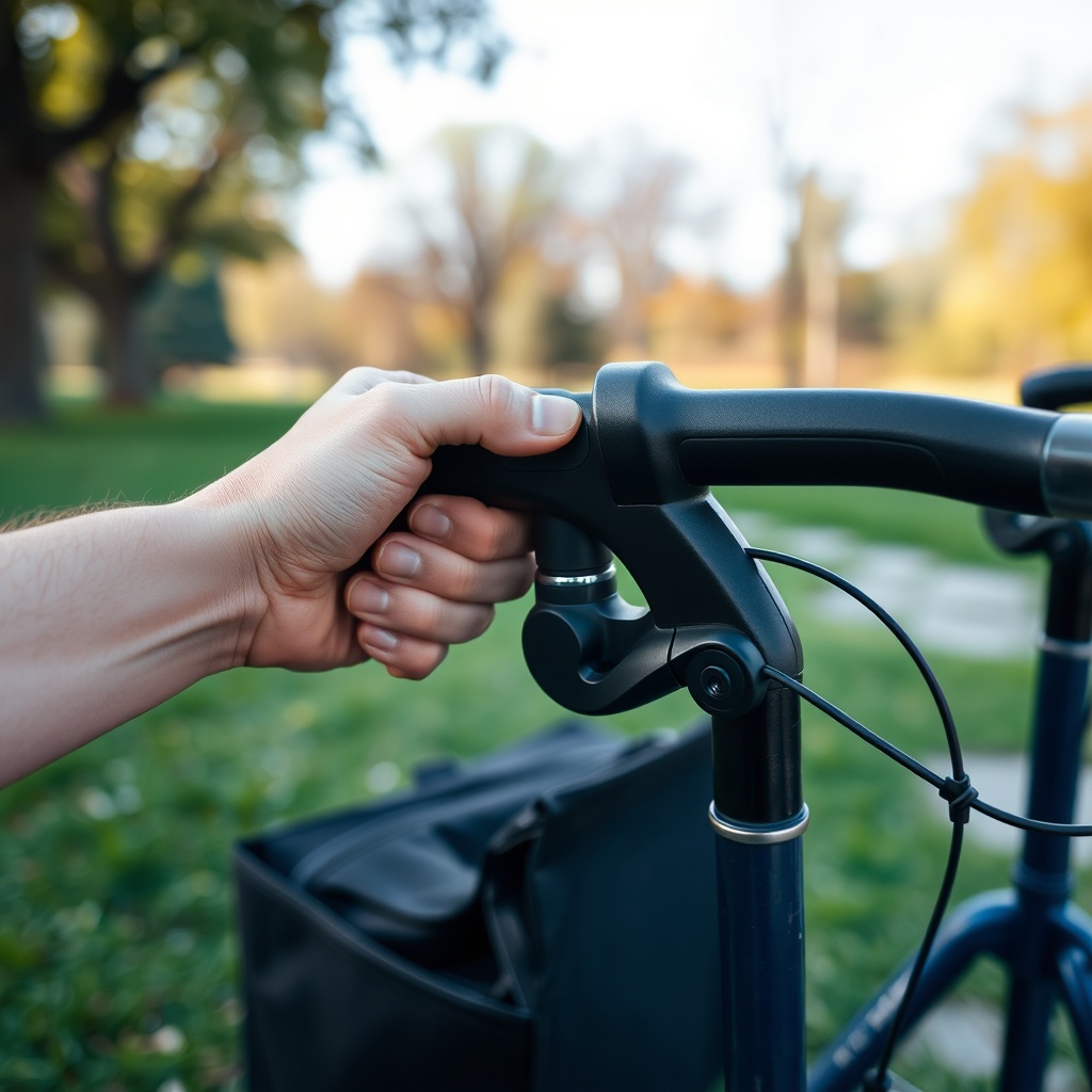A close-up photorealistic photo of the hand brake lever on a Alber Aktiv rollator in a par