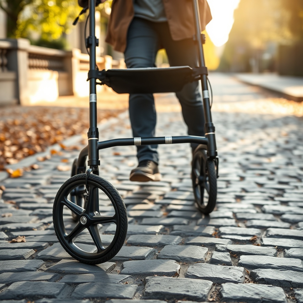 A photorealistic photo of the Alber Aktiv rollator being pushed over cobblestone pavement