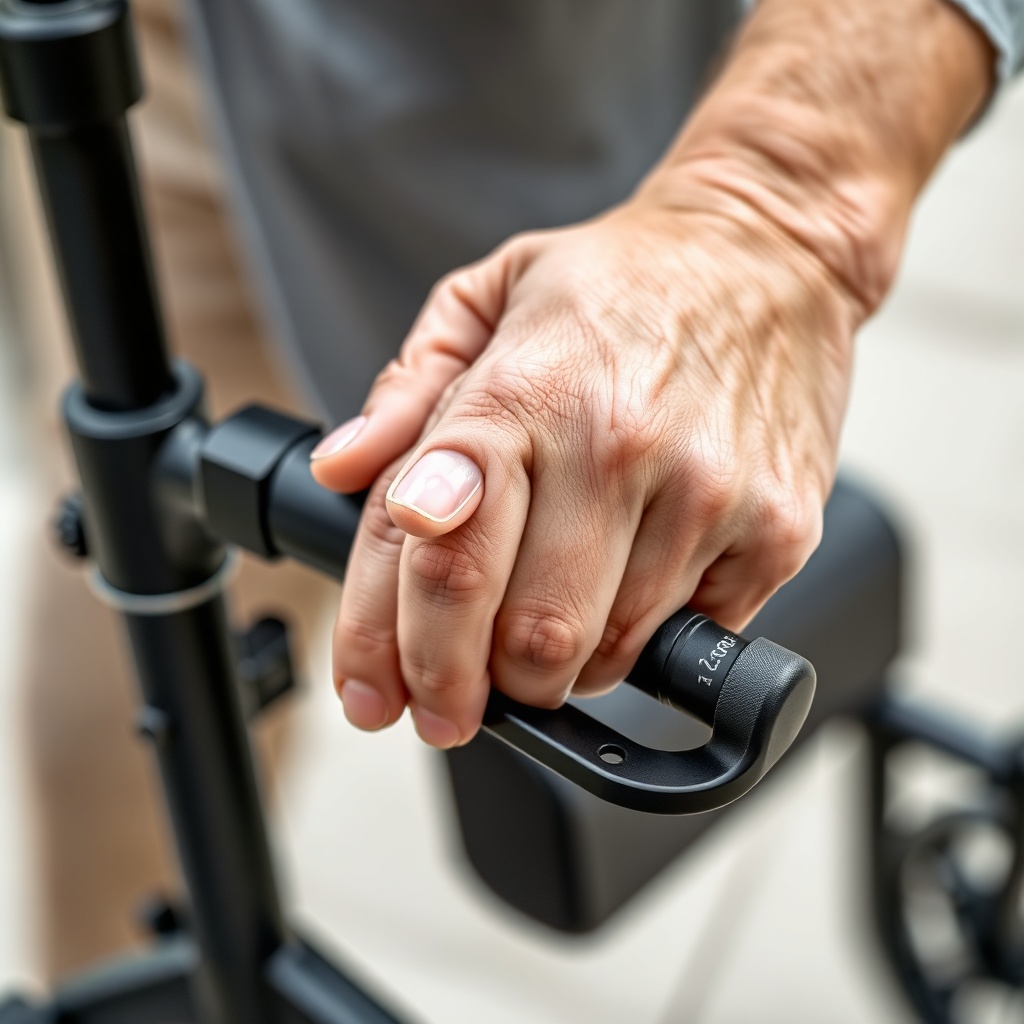 Close-up of an elderly hand comfortably gripping a black ergonomic brake lever on a modern