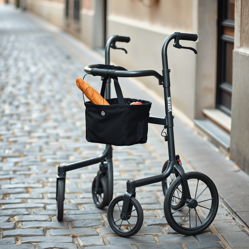 A clean photorealistic photo of a dark grey Alber Aktiv Rollator parked on a cobblestone s