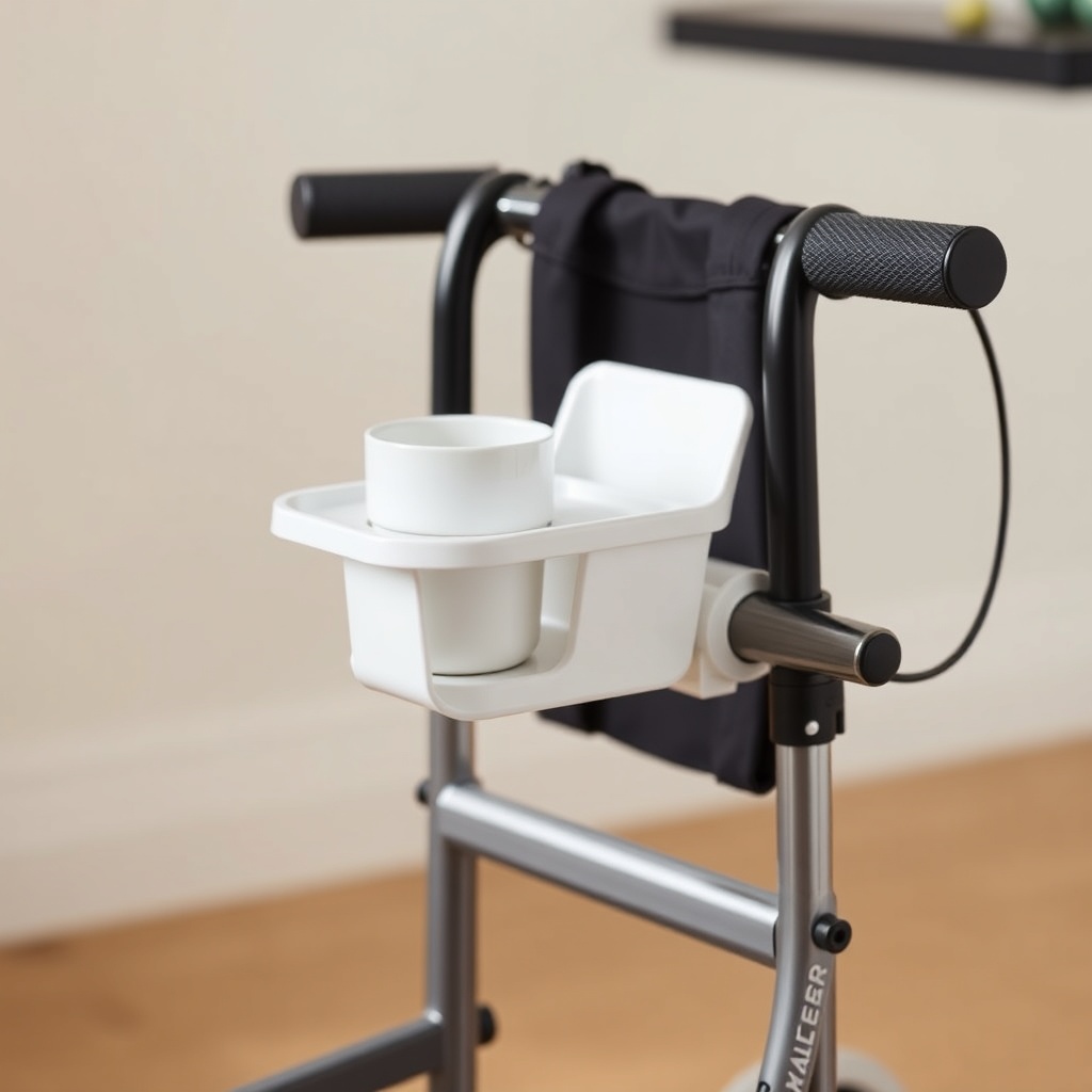 A photorealistic product photo of a white plastic table holder clamped onto the handlebars