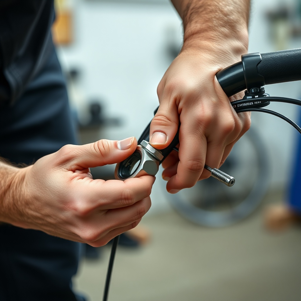 A close-up photorealistic photo showing a person's hands adjusting a brake cable tension n