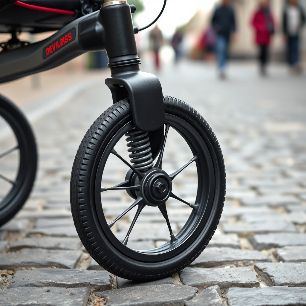 A close-up photo of the front wheel of a Drive DeVilbiss rollator on a cobblestone street