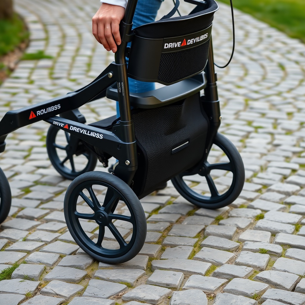 A photorealistic side view of a Drive DeVilbiss Rollator on an uneven cobblestone path
