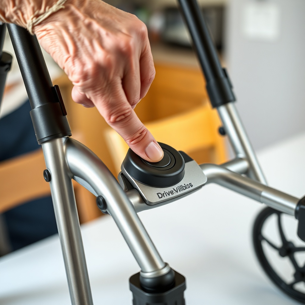 A photorealistic product close-up of a silver and black Drive DeVilbiss rollator being fol