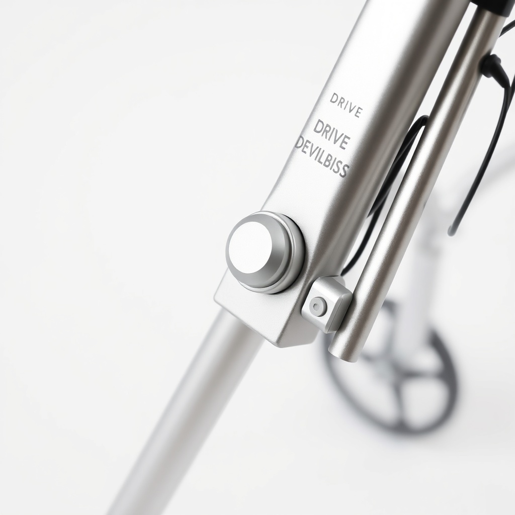 A detailed close-up of the folding mechanism of a silver Drive DeVilbiss rollator