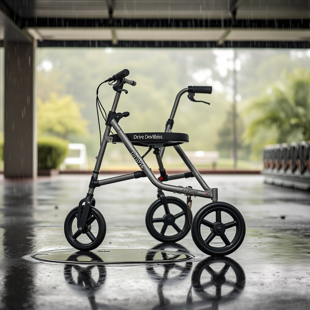 A Drive DeVilbiss Rollator parked under a roof overhang in the rain