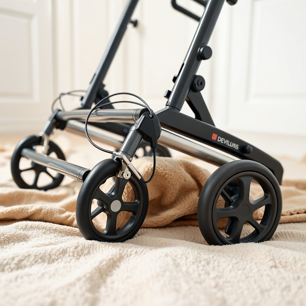 A close-up of the folded Drive DeVilbiss Rollator lying on a soft blanket in a clean