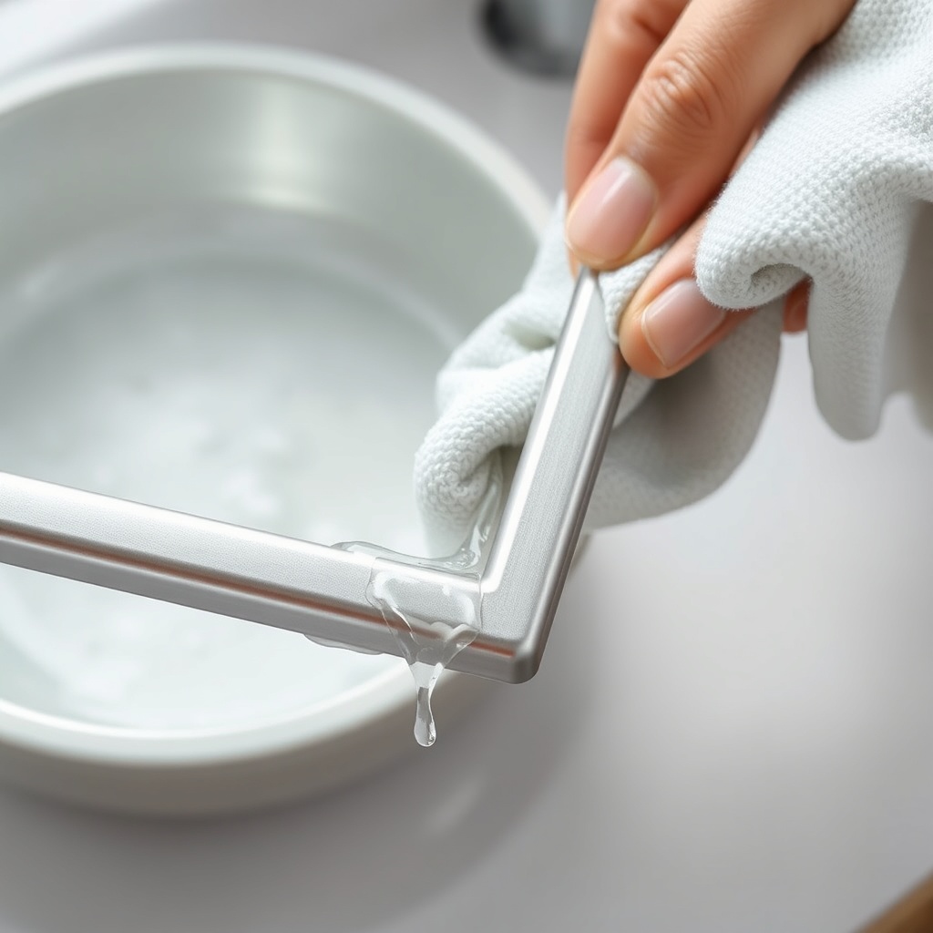 A photorealistic close-up of a silver aluminum frame being wiped with a damp microfiber cl