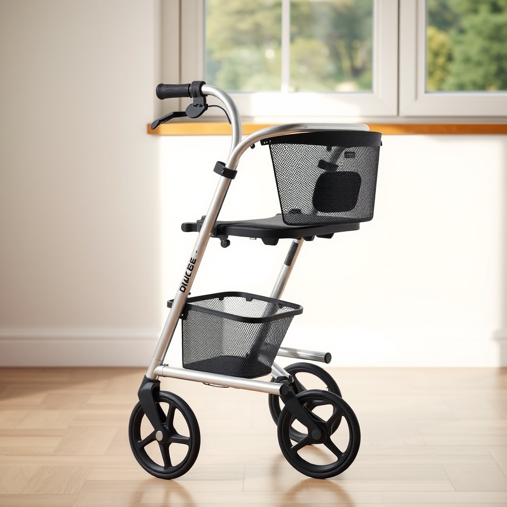 A clean photorealistic photo of a silver Drive DeVilbiss Rollator with a black mesh under-