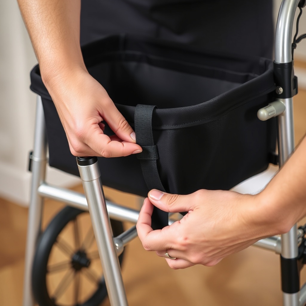 A detailed close-up photorealistic photo of hands attaching a black nylon basket to the re