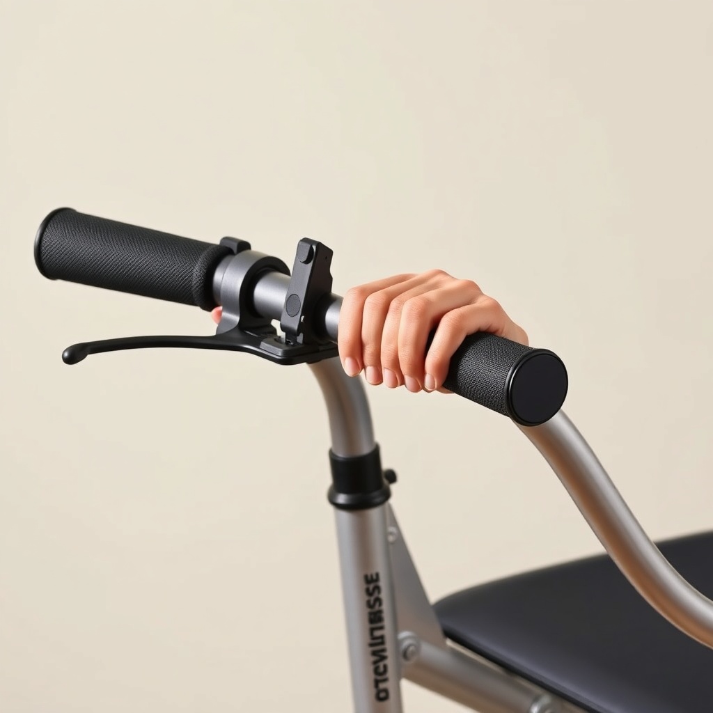 Realistic photo of a silver Drive DeVilbiss Rollator with hands gripping the brake levers
