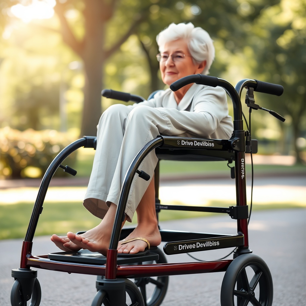 An elderly woman comfortably sitting on a Drive DeVilbiss rollator