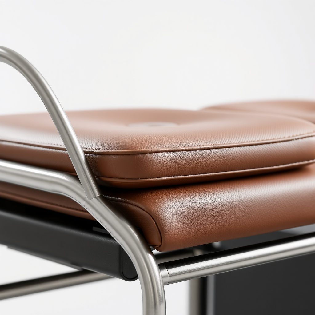 Close up photo of a brown leatherette covered seat cushion on a steel frame roller with a