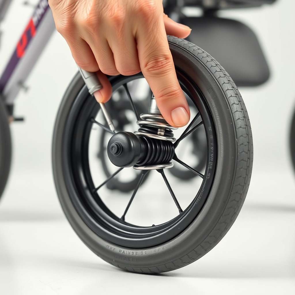 A photorealistic close-up photo of a Drive DeVilbiss Rollator's front wheel showing the sp