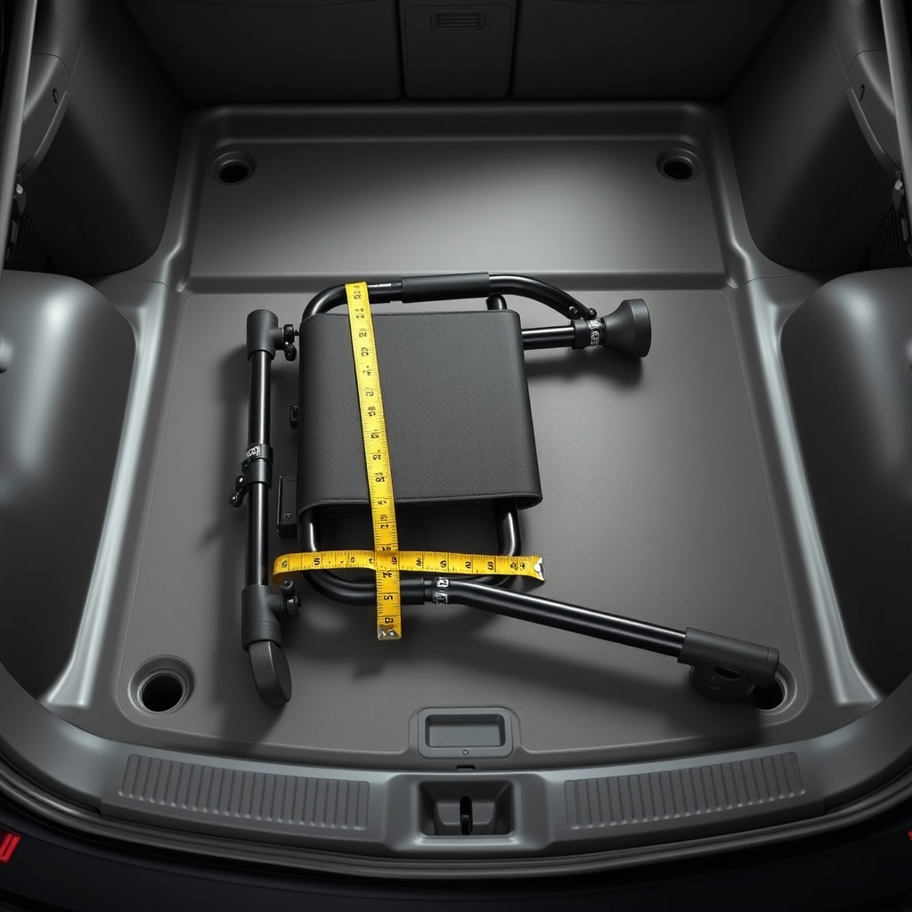 A photorealistic shot of a folded Drive DeVilbiss Rollator lying on a clean car trunk floo