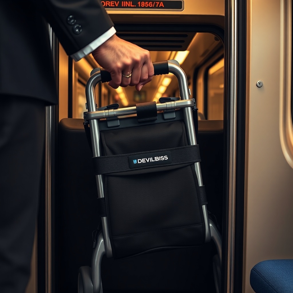 A photorealistic image of a folded Drive DeVilbiss Rollator being placed into a train lugg