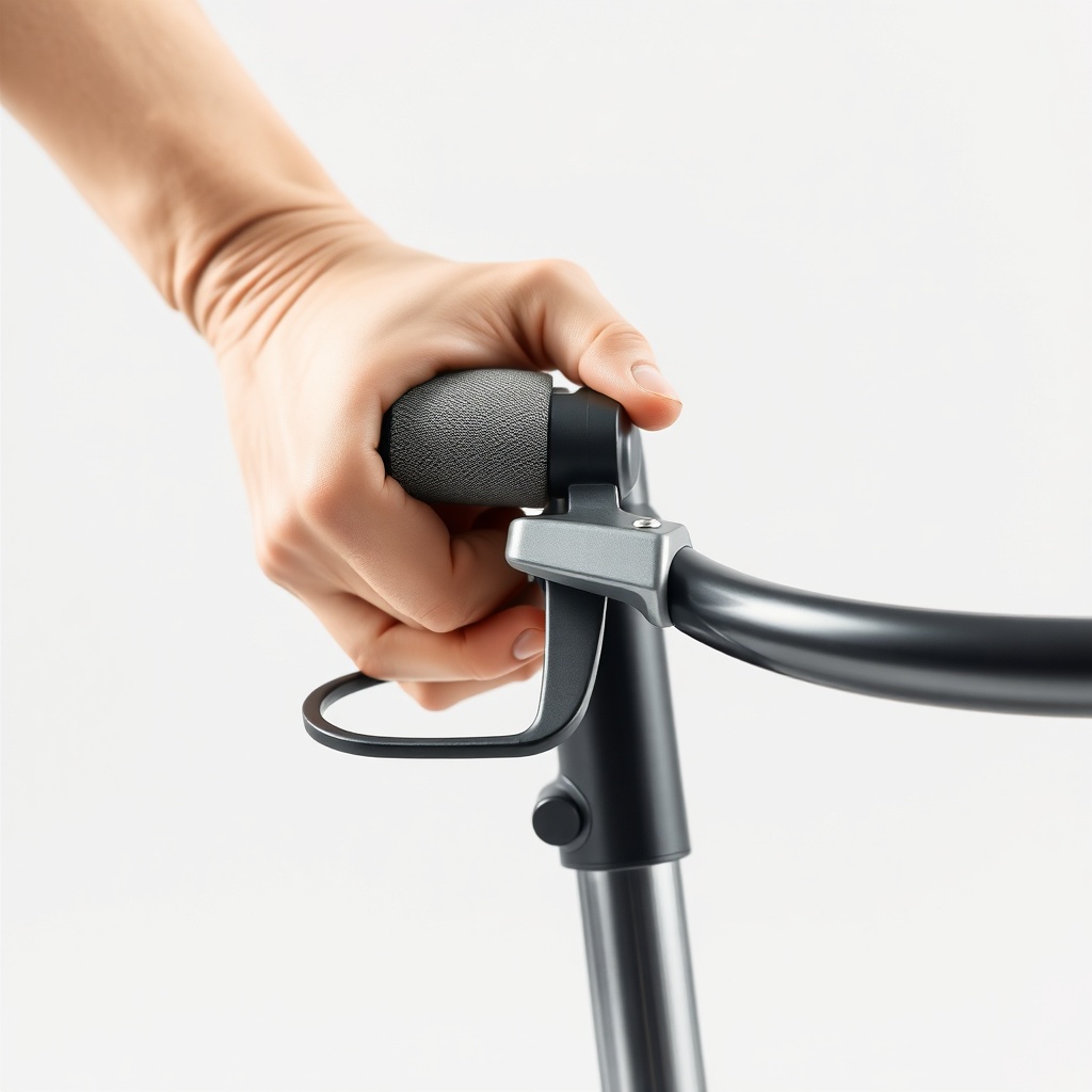 A close-up of a hand gripping a brake lever on a modern rollator