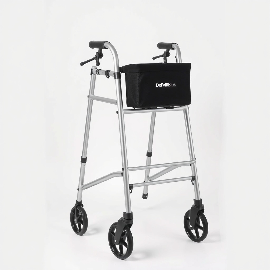 A clean photorealistic photo showing a silver Drive DeVilbiss rollator with a black fabric