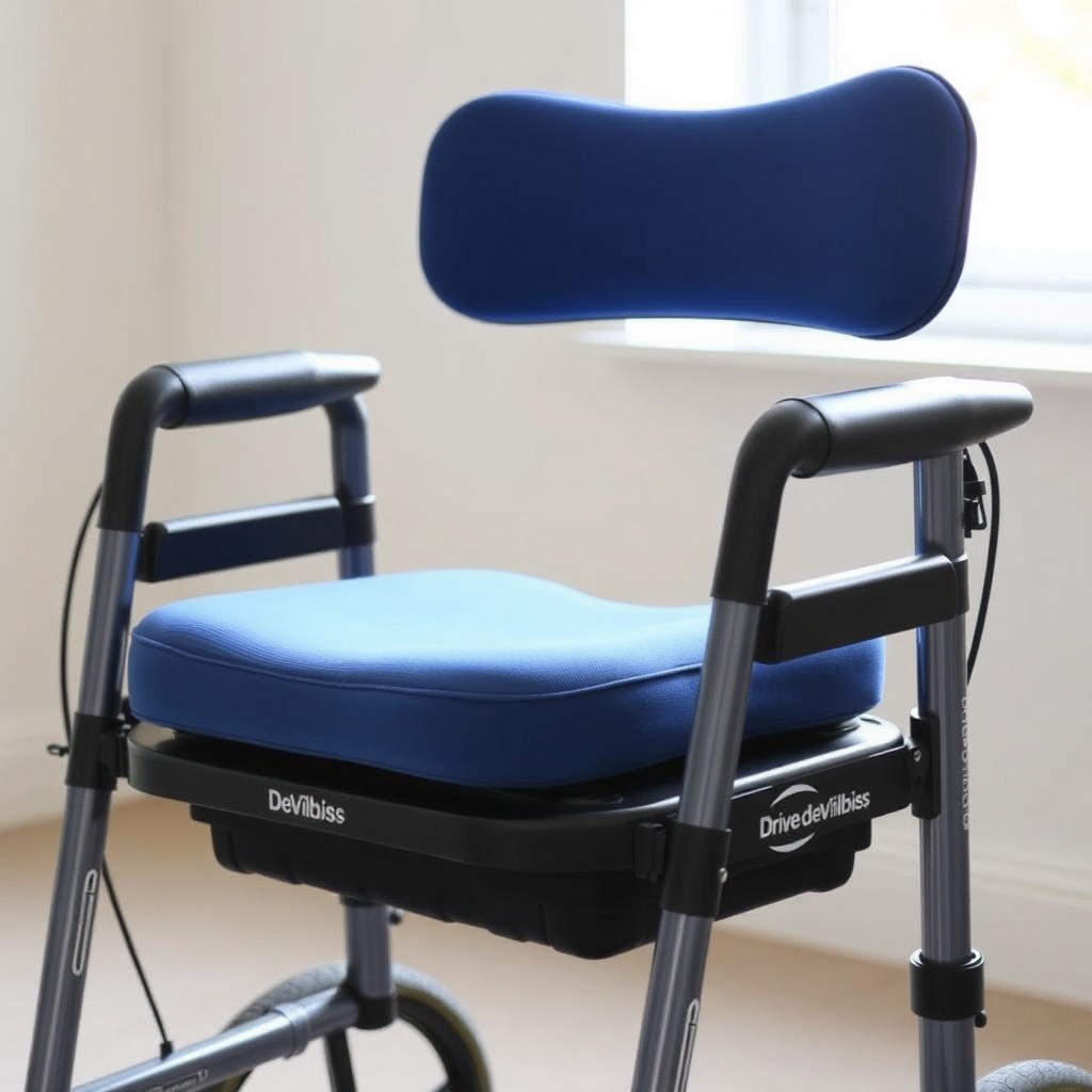 A photorealistic photo of a Drive DeVilbiss rollator with a blue gel seat cushion and a pa
