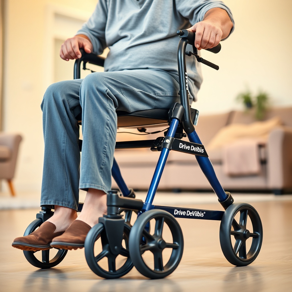 Ein älterer Mensch sitzt auf einem Drive DeVilbiss Healthcare Rollator mit korrekt eingest
